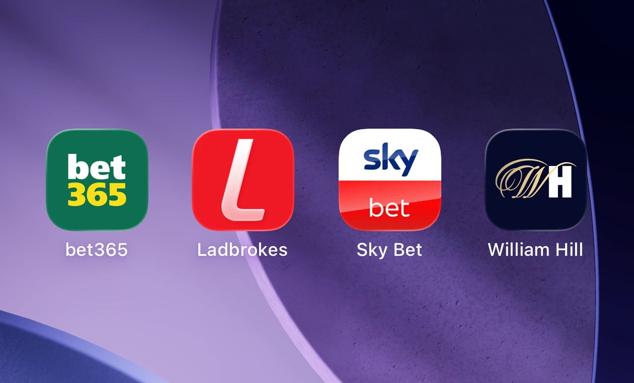 Bet365, Ladbrokes, Sky Bet, and William Hill app icons in a row on an iPhone's display.