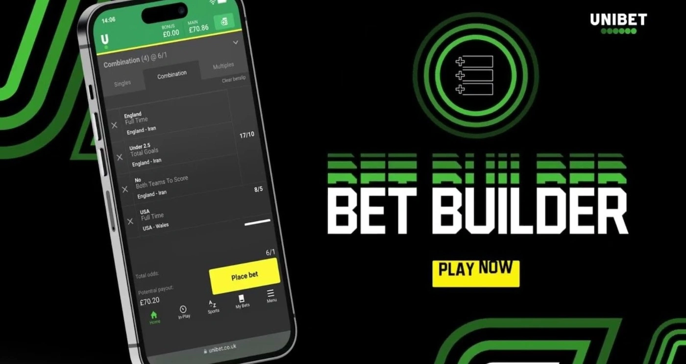 Unibet's Bet Builder screen open on an iPhone, with its 