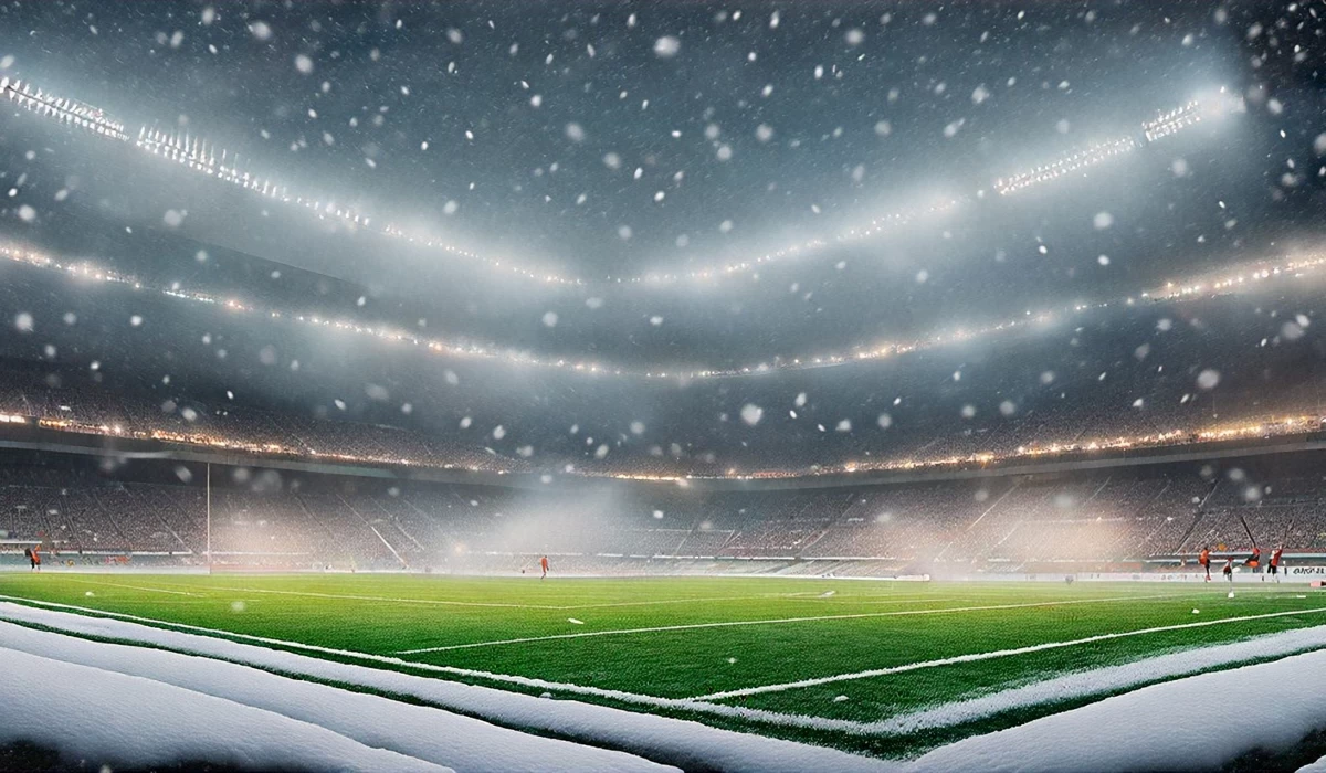 A football stadium in snowy conditions.