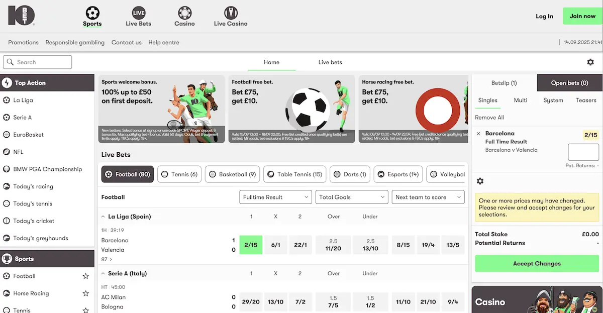 10bet's design stays out of the way to let you focus on betting.